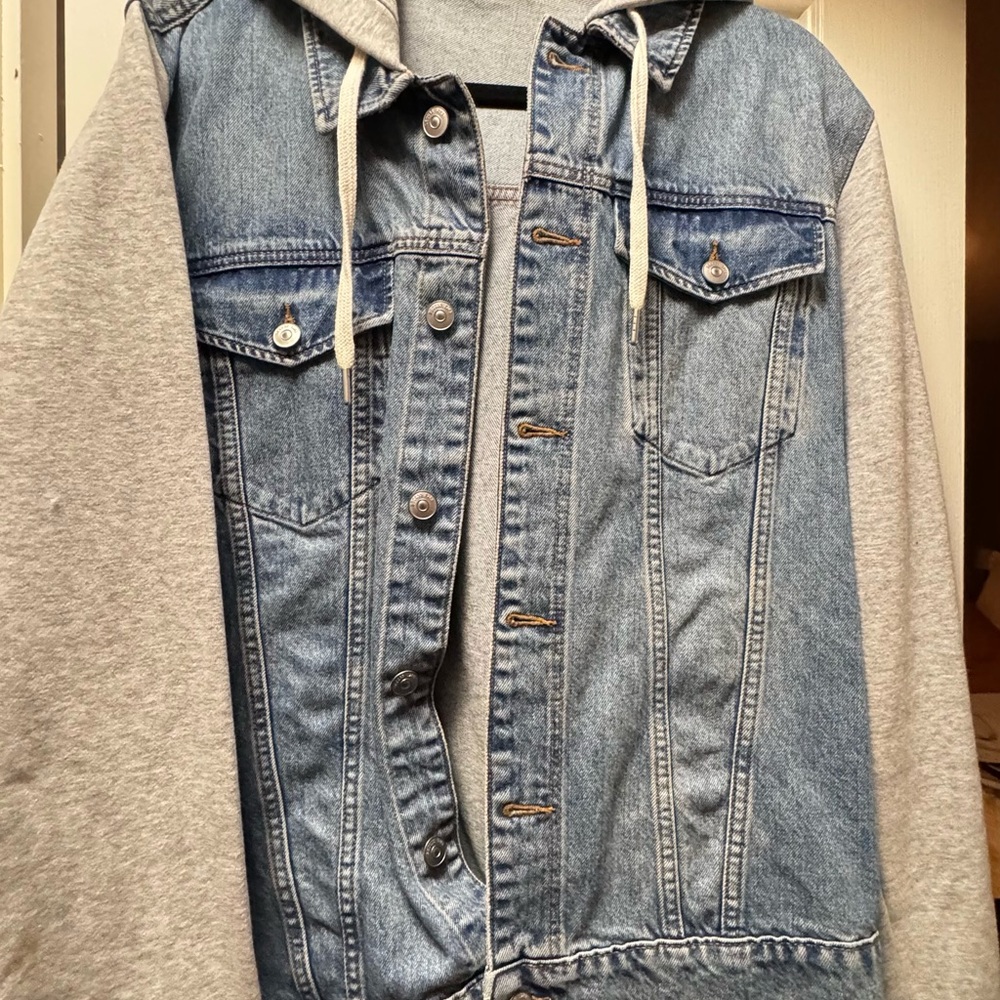 Denim and Gray Hooded Jacket